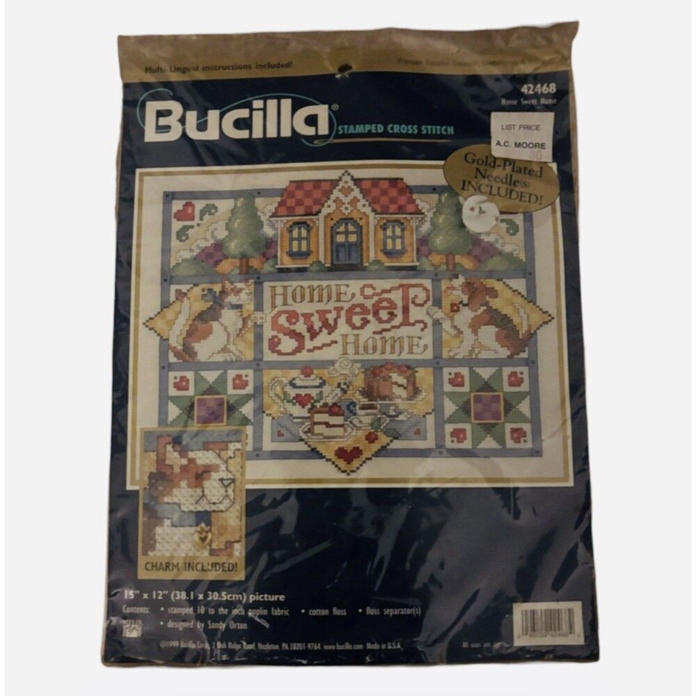 Bucilla Home Sweet Home Stamped Cross Stitch Kit Vintage 1999 Dog Sampler 15x12